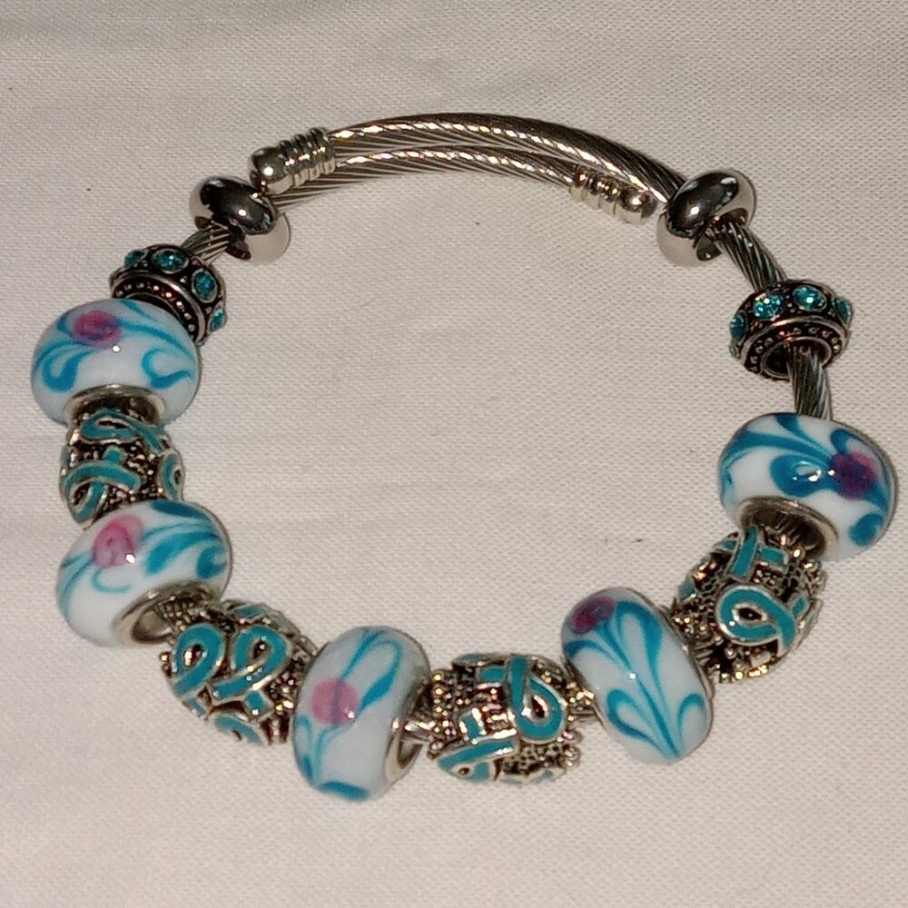 Teal Blue and White Murano Glass Bead Bracelet